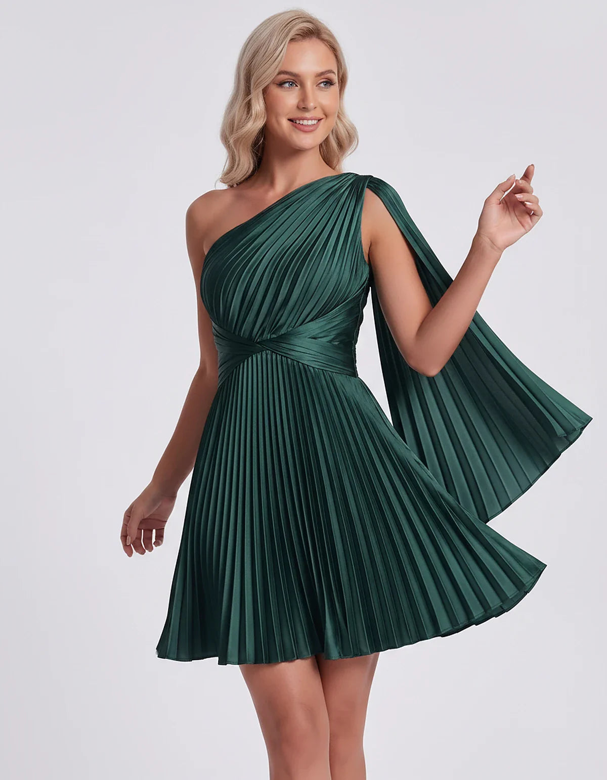 Pleated Satin One-Shoulder A-Line Mini Dress with Cape Sleeve for Party, Cocktail, Evening, Summer & Wedding Guest Events, fr | SKU: AMD-583947261048517-GREEN-L,AMD-583947261048517-GREEN-M,AMD-583947261048517-GREEN-S,AMD-583947261048517-GREEN-XL,AMD-583947261048517-GREEN-XS