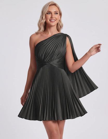 Pleated Satin One-Shoulder A-Line Mini Dress with Cape Sleeve for Party, Cocktail, Evening, Summer & Wedding Guest Events, fr | SKU: AMD-583947261048517-BLACK-L,AMD-583947261048517-BLACK-M,AMD-583947261048517-BLACK-S,AMD-583947261048517-BLACK-XL,AMD-583947261048517-BLACK-XS