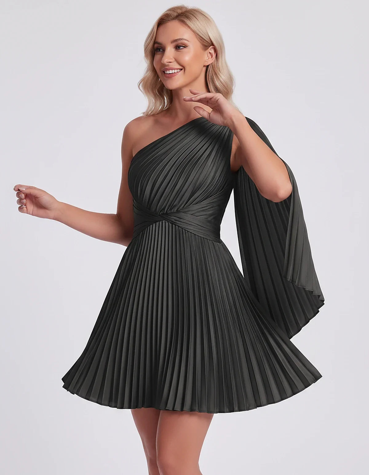 Pleated Satin One-Shoulder A-Line Mini Dress with Cape Sleeve for Party, Cocktail, Evening, Summer & Wedding Guest Events, fr | SKU: AMD-583947261048517-BLACK-L,AMD-583947261048517-BLACK-M,AMD-583947261048517-BLACK-S,AMD-583947261048517-BLACK-XL,AMD-583947261048517-BLACK-XS