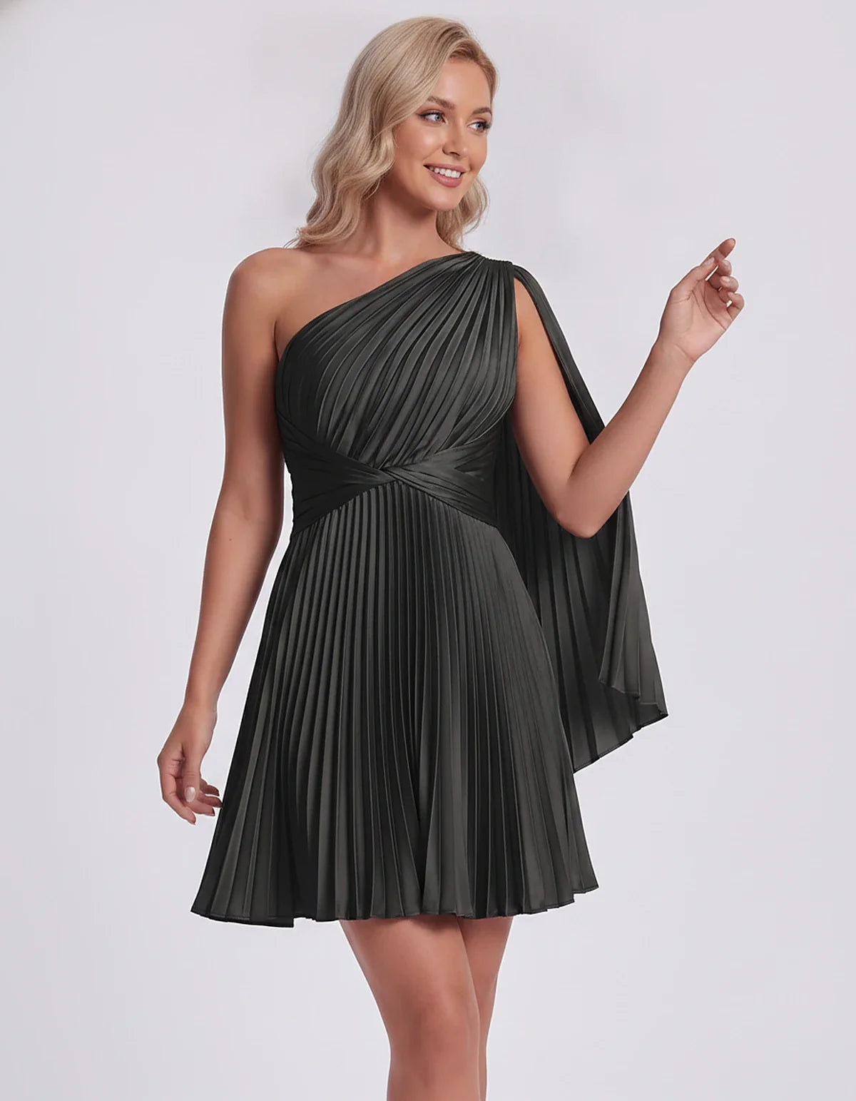 Pleated Satin One-Shoulder A-Line Mini Dress with Cape Sleeve for Party, Cocktail, Evening, Summer & Wedding Guest Events, fr | SKU: AMD-583947261048517-BLACK-L,AMD-583947261048517-BLACK-M,AMD-583947261048517-BLACK-S,AMD-583947261048517-BLACK-XL,AMD-583947261048517-BLACK-XS