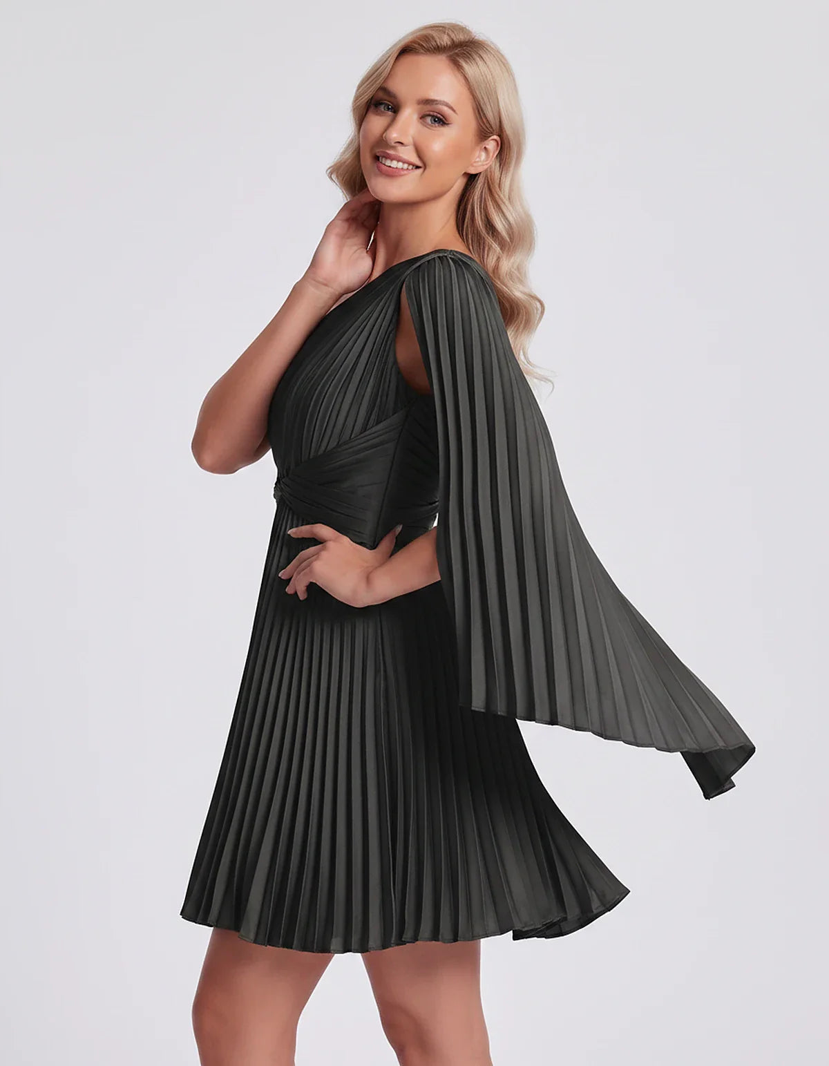 Pleated Satin One-Shoulder A-Line Mini Dress with Cape Sleeve for Party, Cocktail, Evening, Summer & Wedding Guest Events, si | SKU: AMD-583947261048517-BLACK-L,AMD-583947261048517-BLACK-M,AMD-583947261048517-BLACK-S,AMD-583947261048517-BLACK-XL,AMD-583947261048517-BLACK-XS