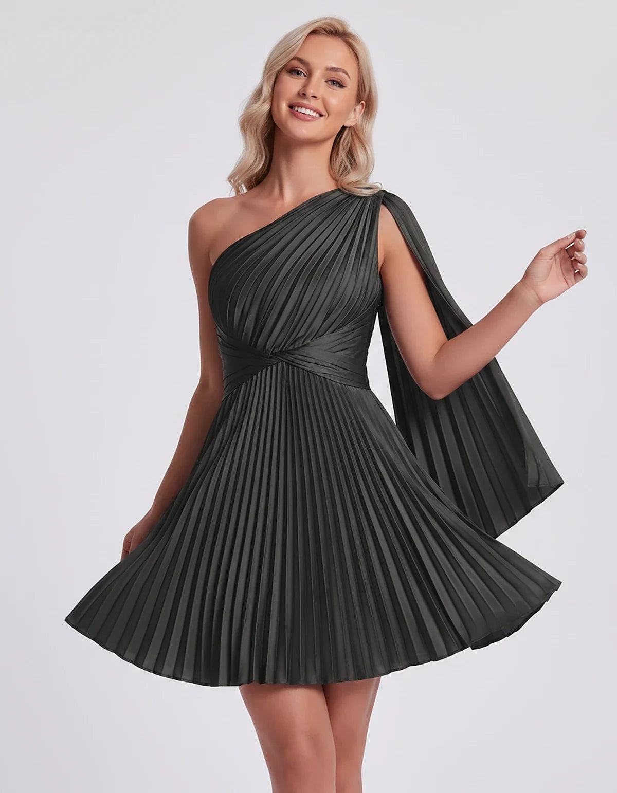 Pleated Satin One-Shoulder A-Line Mini Dress with Cape Sleeve for Party, Cocktail, Evening, Summer & Wedding Guest Events, fr | SKU: AMD-583947261048517-BLACK-L,AMD-583947261048517-BLACK-M,AMD-583947261048517-BLACK-S,AMD-583947261048517-BLACK-XL,AMD-583947261048517-BLACK-XS