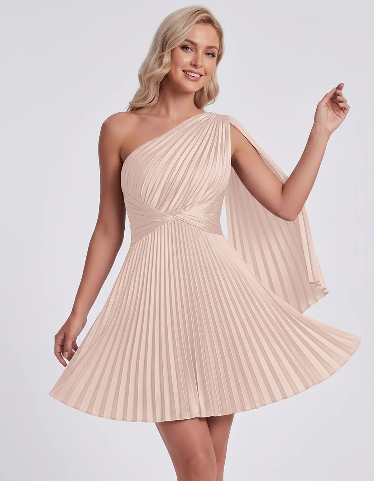Pleated Satin One-Shoulder A-Line Mini Dress with Cape Sleeve for Party, Cocktail, Evening, Summer & Wedding Guest Events, fr | SKU: AMD-583947261048517-BLUSH-L,AMD-583947261048517-BLUSH-M,AMD-583947261048517-BLUSH-S,AMD-583947261048517-BLUSH-XL,AMD-583947261048517-BLUSH-XS
