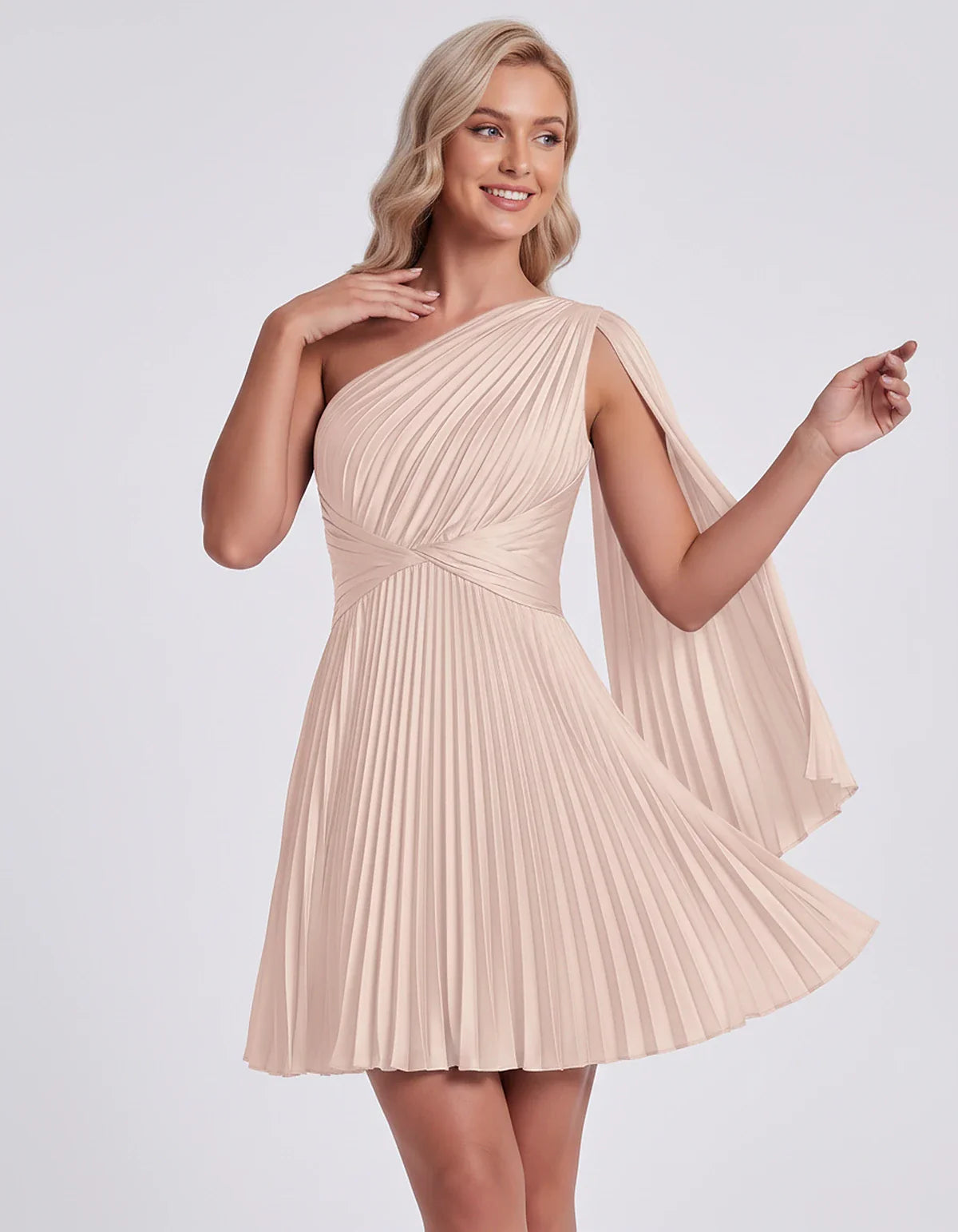 Pleated Satin One-Shoulder A-Line Mini Dress with Cape Sleeve for Party, Cocktail, Evening, Summer & Wedding Guest Events, fr | SKU: AMD-583947261048517-BLUSH-L,AMD-583947261048517-BLUSH-M,AMD-583947261048517-BLUSH-S,AMD-583947261048517-BLUSH-XL,AMD-583947261048517-BLUSH-XS