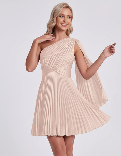 Pleated Satin One-Shoulder A-Line Mini Dress with Cape Sleeve for Party, Cocktail, Evening, Summer & Wedding Guest Events, fr | SKU: AMD-583947261048517-BLUSH-L,AMD-583947261048517-BLUSH-M,AMD-583947261048517-BLUSH-S,AMD-583947261048517-BLUSH-XL,AMD-583947261048517-BLUSH-XS