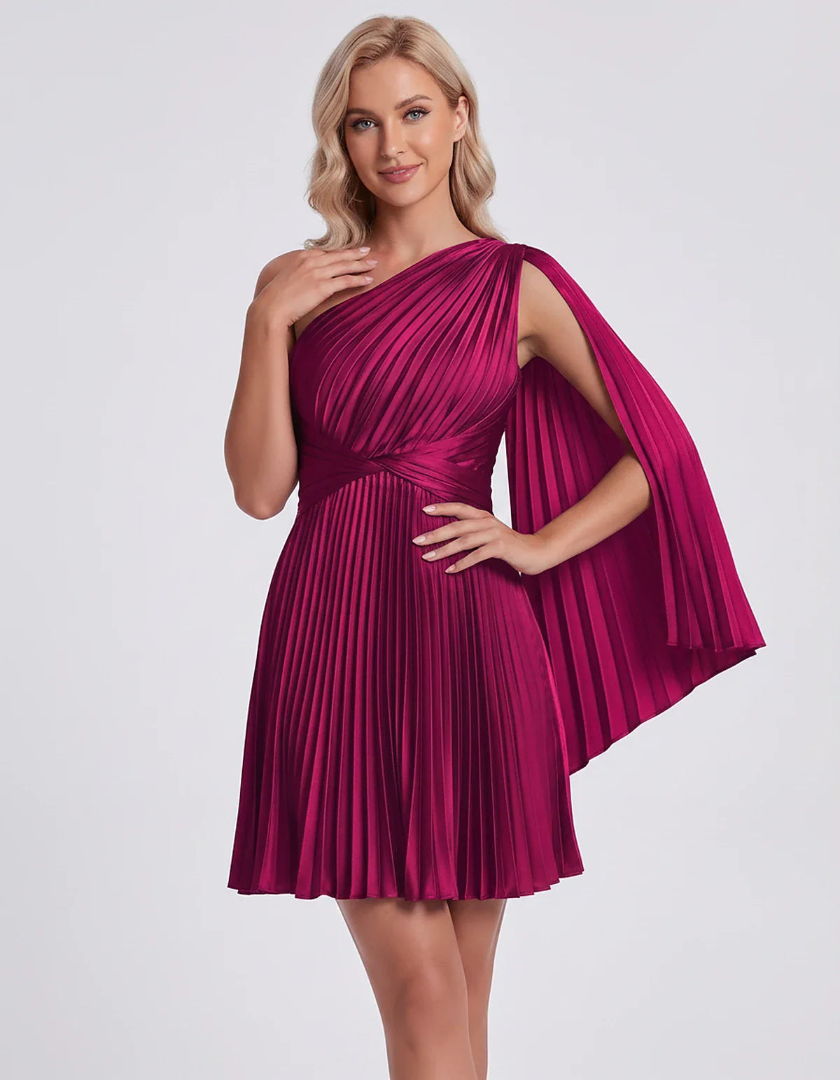 Pleated Satin One-Shoulder A-Line Mini Dress with Cape Sleeve for Party, Cocktail, Evening, Summer & Wedding Guest Events, fr | SKU: AMD-583947261048517-FUCHSIA-L,AMD-583947261048517-FUCHSIA-M,AMD-583947261048517-FUCHSIA-S,AMD-583947261048517-FUCHSIA-XL,AMD-583947261048517-FUCHSIA-XS