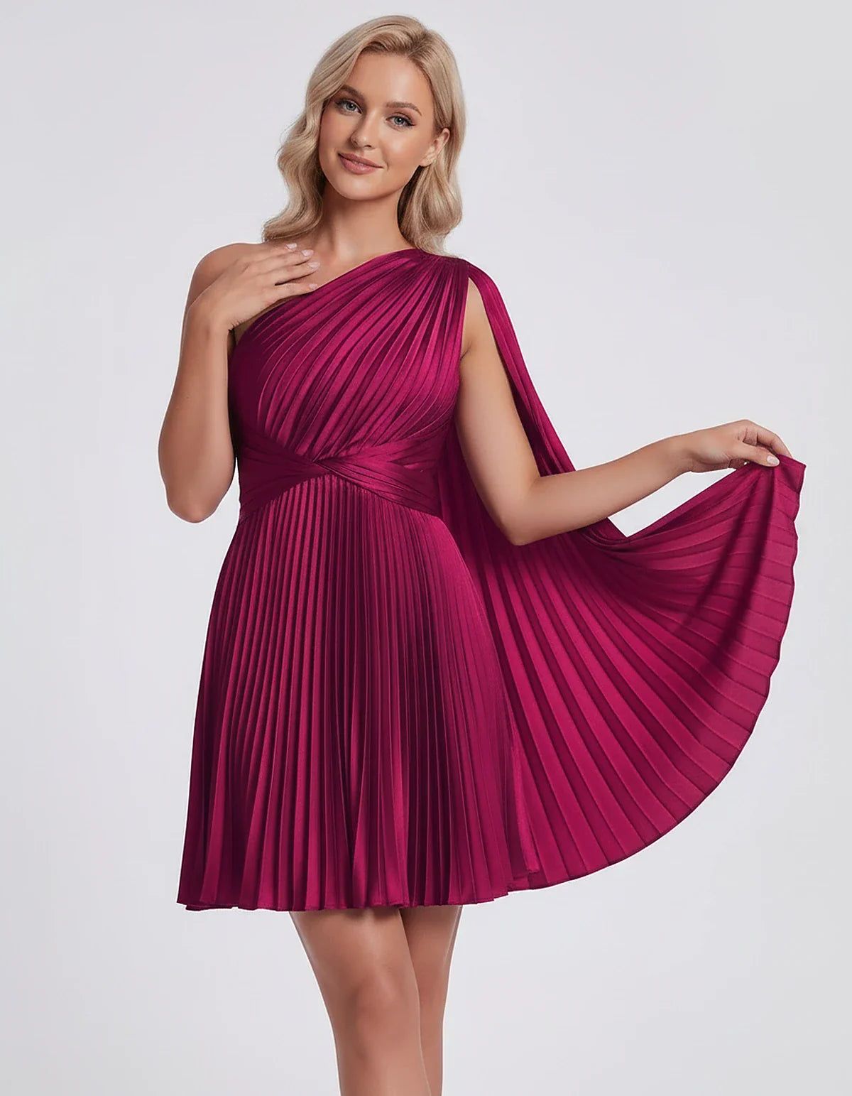 Pleated Satin One-Shoulder A-Line Mini Dress with Cape Sleeve for Party, Cocktail, Evening, Summer & Wedding Guest Events, fr | SKU: AMD-583947261048517-FUCHSIA-L,AMD-583947261048517-FUCHSIA-M,AMD-583947261048517-FUCHSIA-S,AMD-583947261048517-FUCHSIA-XL,AMD-583947261048517-FUCHSIA-XS