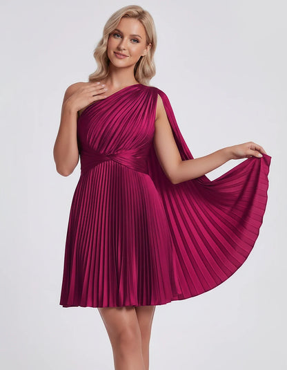 Pleated Satin One-Shoulder A-Line Mini Dress with Cape Sleeve for Party, Cocktail, Evening, Summer & Wedding Guest Events, fr | SKU: AMD-583947261048517-FUCHSIA-L,AMD-583947261048517-FUCHSIA-M,AMD-583947261048517-FUCHSIA-S,AMD-583947261048517-FUCHSIA-XL,AMD-583947261048517-FUCHSIA-XS