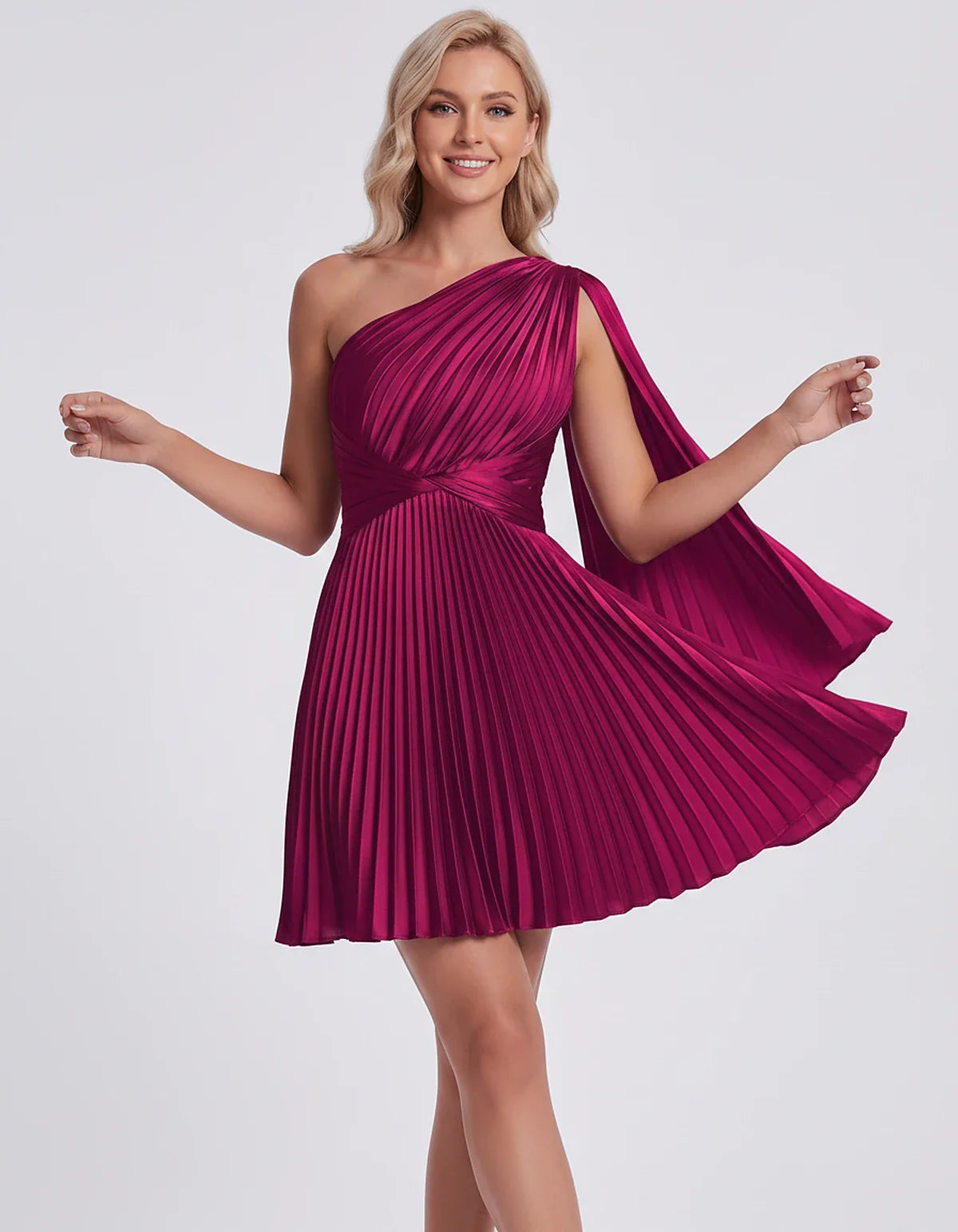 Pleated Satin One-Shoulder A-Line Mini Dress with Cape Sleeve for Party, Cocktail, Evening, Summer & Wedding Guest Events, fr | SKU: AMD-583947261048517-FUCHSIA-L,AMD-583947261048517-FUCHSIA-M,AMD-583947261048517-FUCHSIA-S,AMD-583947261048517-FUCHSIA-XL,AMD-583947261048517-FUCHSIA-XS