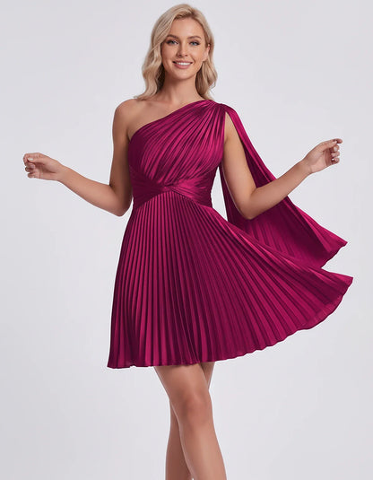 Pleated Satin One-Shoulder A-Line Mini Dress with Cape Sleeve for Party, Cocktail, Evening, Summer & Wedding Guest Events, fr | SKU: AMD-583947261048517-FUCHSIA-L,AMD-583947261048517-FUCHSIA-M,AMD-583947261048517-FUCHSIA-S,AMD-583947261048517-FUCHSIA-XL,AMD-583947261048517-FUCHSIA-XS