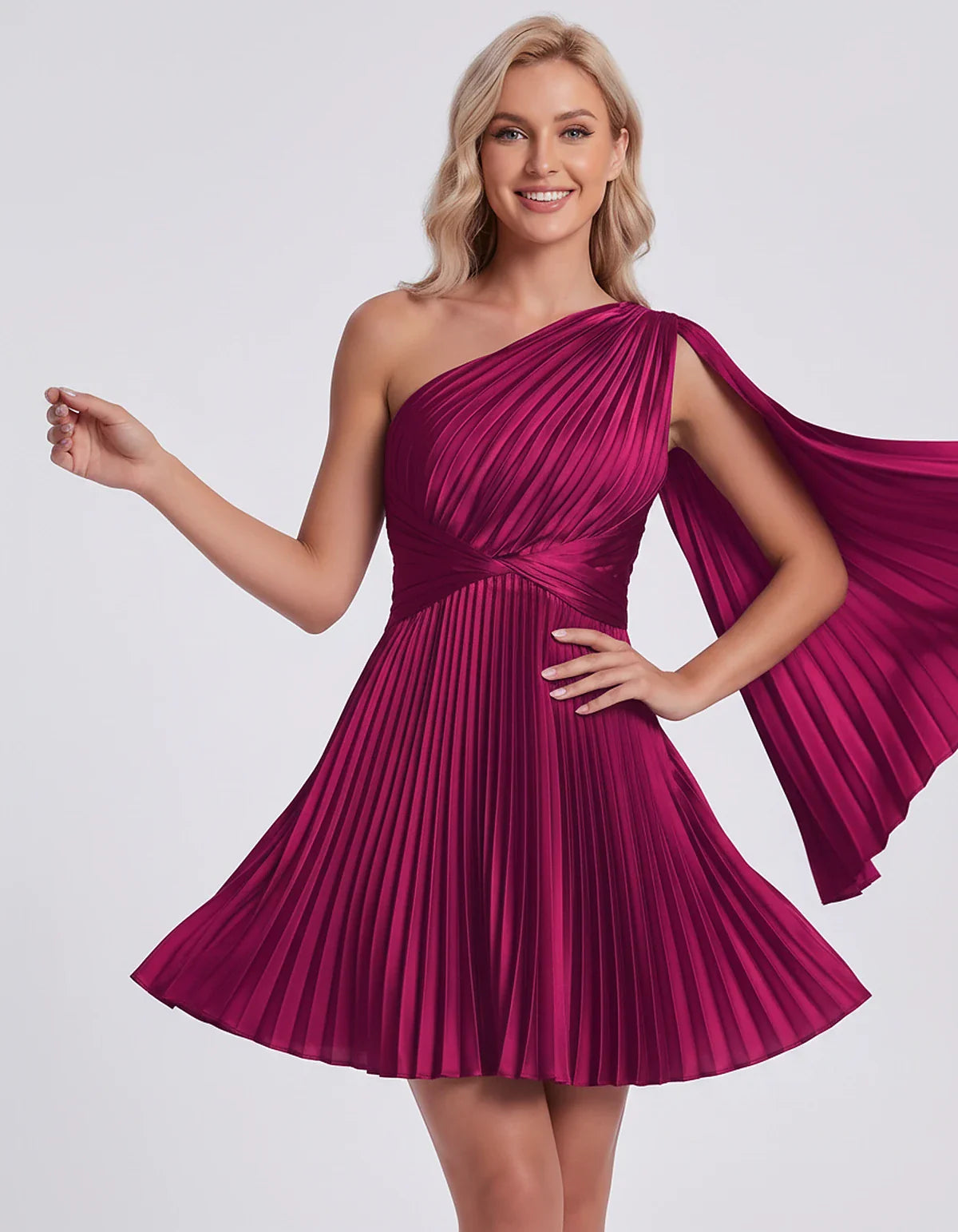 Pleated Satin One-Shoulder A-Line Mini Dress with Cape Sleeve for Party, Cocktail, Evening, Summer & Wedding Guest Events, fr | SKU: AMD-583947261048517-FUCHSIA-L,AMD-583947261048517-FUCHSIA-M,AMD-583947261048517-FUCHSIA-S,AMD-583947261048517-FUCHSIA-XL,AMD-583947261048517-FUCHSIA-XS