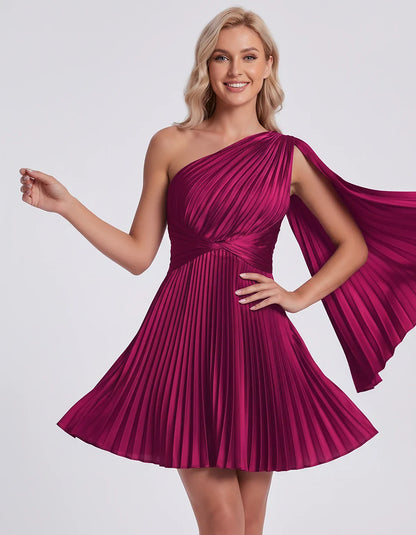 Pleated Satin One-Shoulder A-Line Mini Dress with Cape Sleeve for Party, Cocktail, Evening, Summer & Wedding Guest Events, fr | SKU: AMD-583947261048517-FUCHSIA-L,AMD-583947261048517-FUCHSIA-M,AMD-583947261048517-FUCHSIA-S,AMD-583947261048517-FUCHSIA-XL,AMD-583947261048517-FUCHSIA-XS