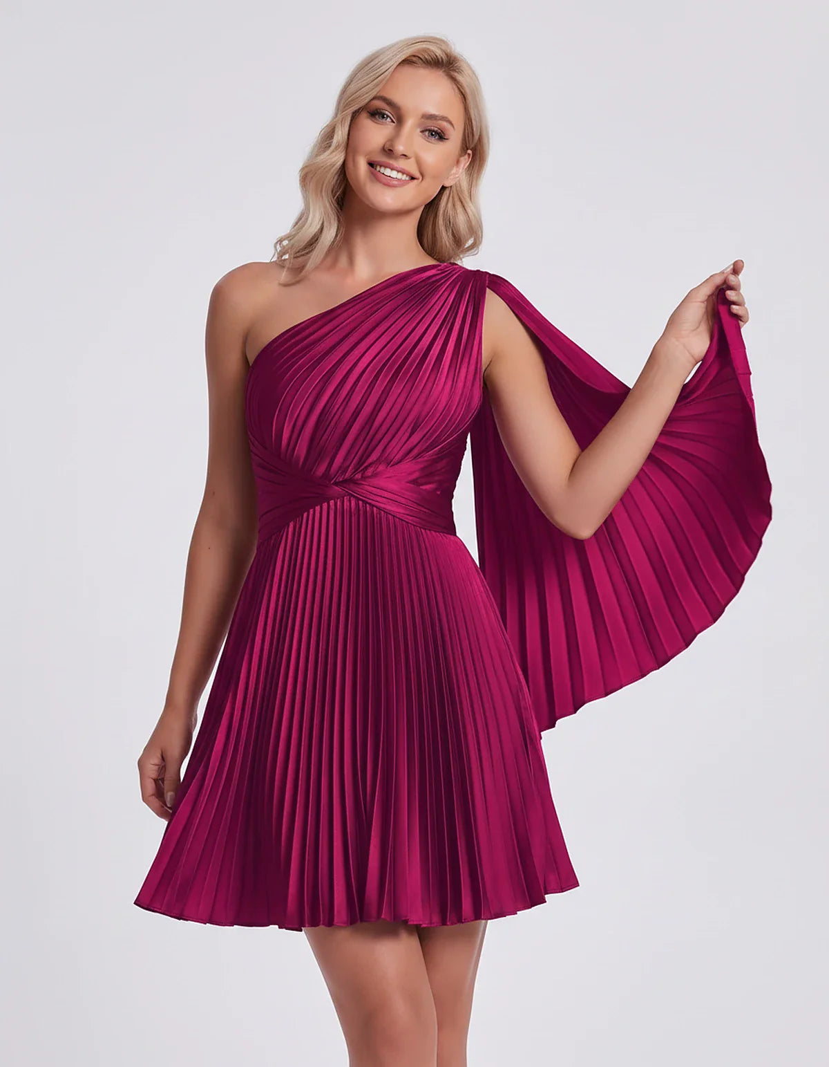 Pleated Satin One-Shoulder A-Line Mini Dress with Cape Sleeve for Party, Cocktail, Evening, Summer & Wedding Guest Events, fr | SKU: AMD-583947261048517-FUCHSIA-L,AMD-583947261048517-FUCHSIA-M,AMD-583947261048517-FUCHSIA-S,AMD-583947261048517-FUCHSIA-XL,AMD-583947261048517-FUCHSIA-XS