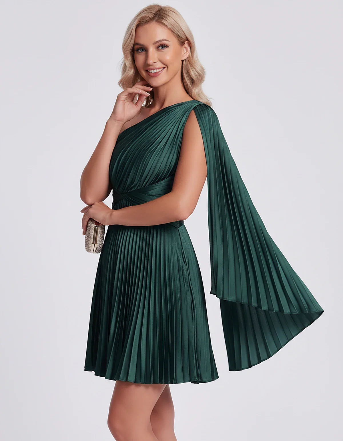 Pleated Satin One-Shoulder A-Line Mini Dress with Cape Sleeve for Party, Cocktail, Evening, Summer & Wedding Guest Events, si | SKU: AMD-583947261048517-GREEN-L,AMD-583947261048517-GREEN-M,AMD-583947261048517-GREEN-S,AMD-583947261048517-GREEN-XL,AMD-583947261048517-GREEN-XS