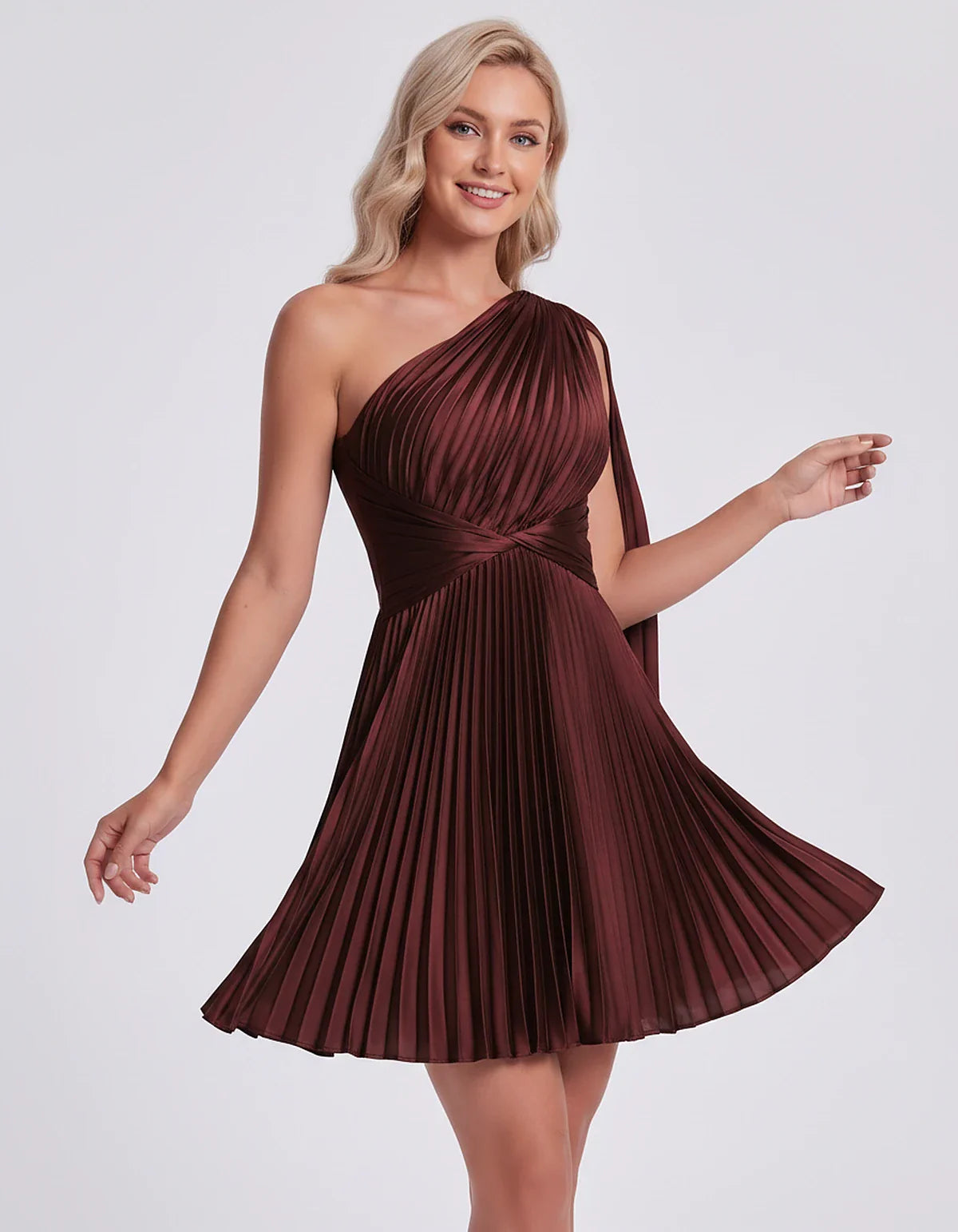 Pleated Satin One-Shoulder A-Line Mini Dress with Cape Sleeve for Party, Cocktail, Evening, Summer & Wedding Guest Events, fr | SKU: AMD-583947261048517-BURGUNDY-L,AMD-583947261048517-BURGUNDY-M,AMD-583947261048517-BURGUNDY-S,AMD-583947261048517-BURGUNDY-XL,AMD-583947261048517-BURGUNDY-XS