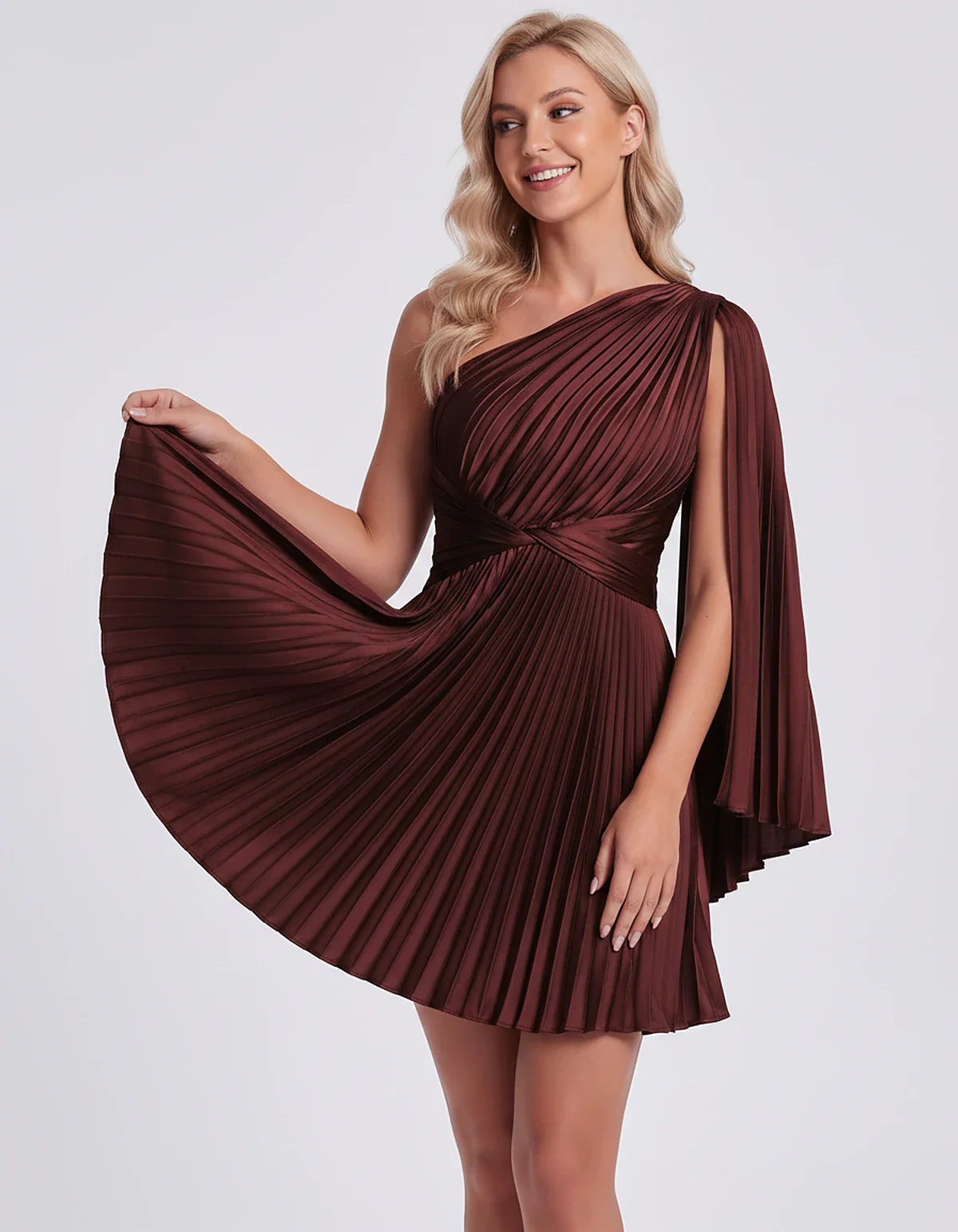 Pleated Satin One-Shoulder A-Line Mini Dress with Cape Sleeve for Party, Cocktail, Evening, Summer & Wedding Guest Events, fr | SKU: AMD-583947261048517-BURGUNDY-L,AMD-583947261048517-BURGUNDY-M,AMD-583947261048517-BURGUNDY-S,AMD-583947261048517-BURGUNDY-XL,AMD-583947261048517-BURGUNDY-XS