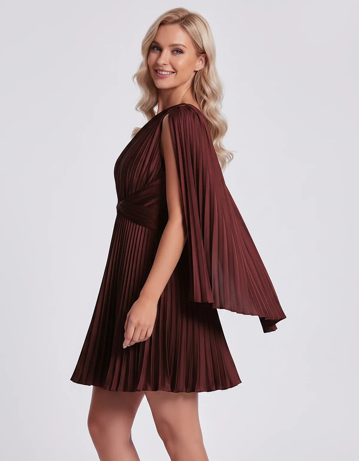 Pleated Satin One-Shoulder A-Line Mini Dress with Cape Sleeve for Party, Cocktail, Evening, Summer & Wedding Guest Events, si | SKU: AMD-583947261048517-BURGUNDY-L,AMD-583947261048517-BURGUNDY-M,AMD-583947261048517-BURGUNDY-S,AMD-583947261048517-BURGUNDY-XL,AMD-583947261048517-BURGUNDY-XS