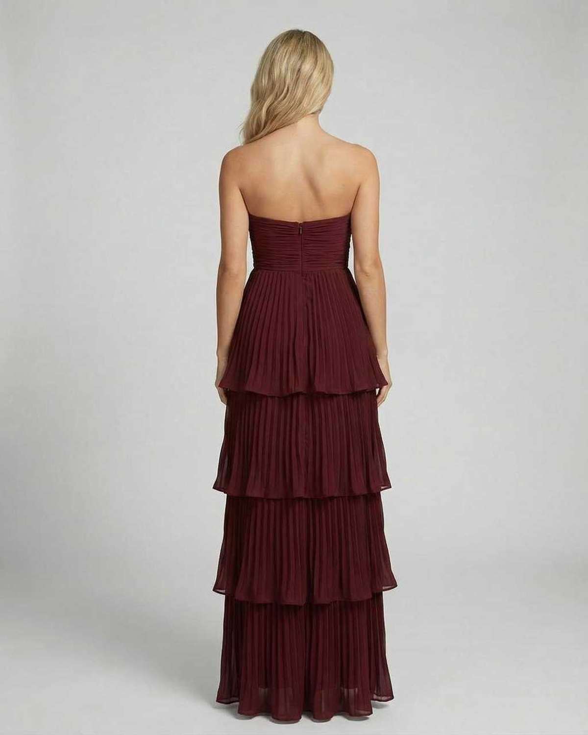 Pola Maxi Dress - Back view of red tiered satin gown by RAMBLION, perfect for elegant events.