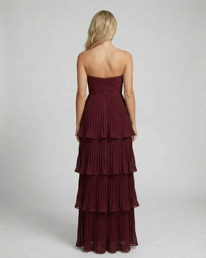 Pola Maxi Dress - Back view of red tiered satin gown by RAMBLION, perfect for elegant events.