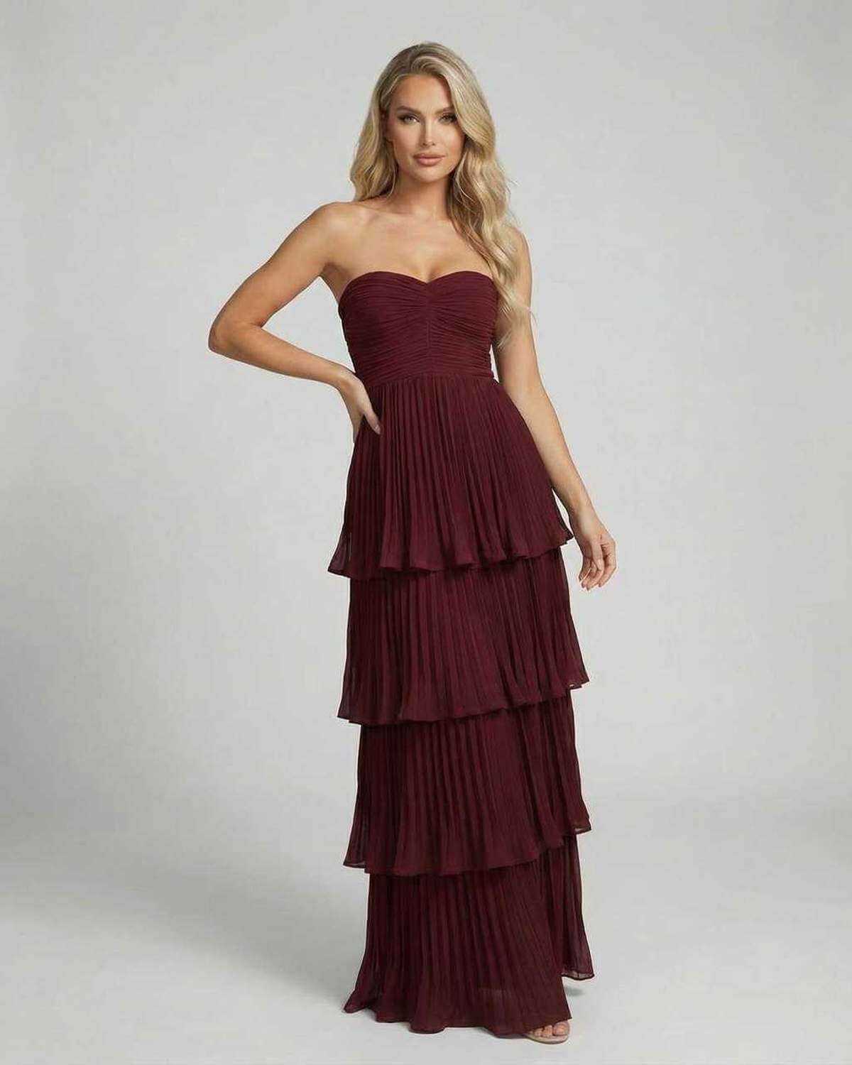 Pola Maxi Dress - Luxurious red satin dress with tiered silhouette, perfect for elegant events by RAMBLION.