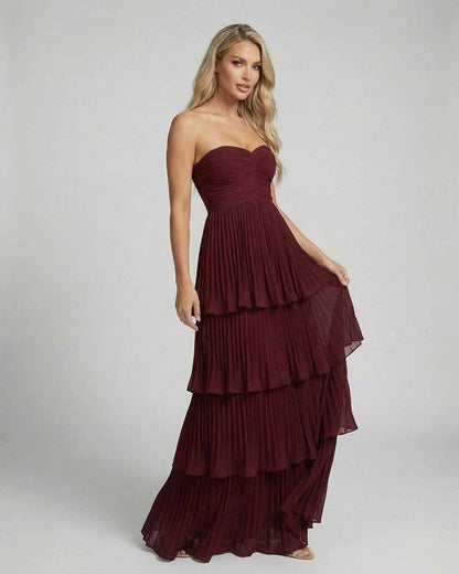Pola Maxi Dress in red, 100% Polyester Satin, tiered silhouette, perfect for elegant events by RAMBLION.