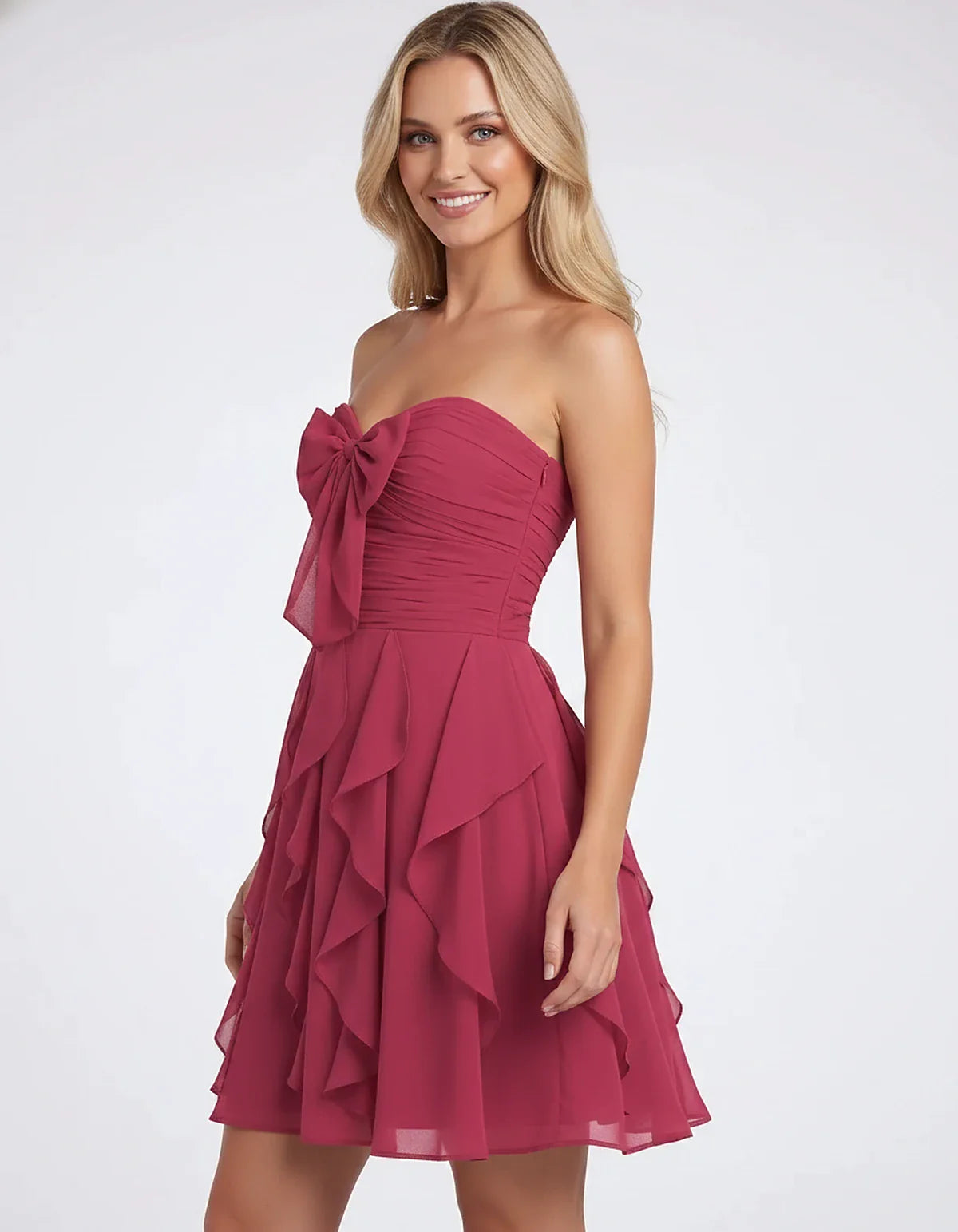 Polyester Chiffon Sleeveless Strapless A-Line Mini Dress with Bow and Ruffles for Party, Cocktail, Evening, Summer & Wedding | SKU: CMD-583724918462715-HOTPINK-L,CMD-583724918462715-HOTPINK-M,CMD-583724918462715-HOTPINK-S,CMD-583724918462715-HOTPINK-XL,CMD-583724918462715-HOTPINK-XS