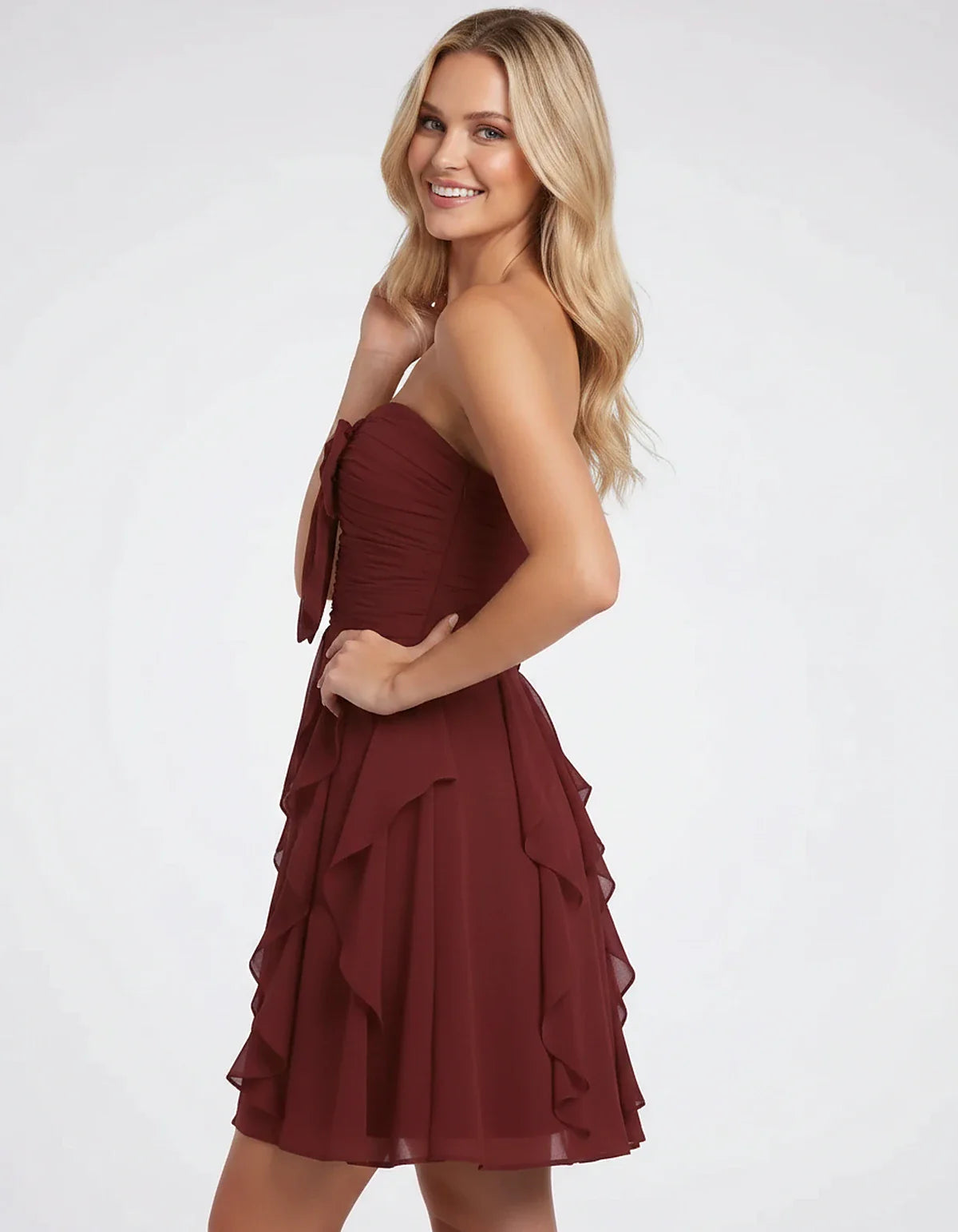 Polyester Chiffon Sleeveless Strapless A-Line Mini Dress with Bow and Ruffles for Party, Cocktail, Evening, Summer & Wedding | SKU: CMD-583724918462715-BURGUNDY-L,CMD-583724918462715-BURGUNDY-M,CMD-583724918462715-BURGUNDY-S,CMD-583724918462715-BURGUNDY-XL,CMD-583724918462715-BURGUNDY-XS