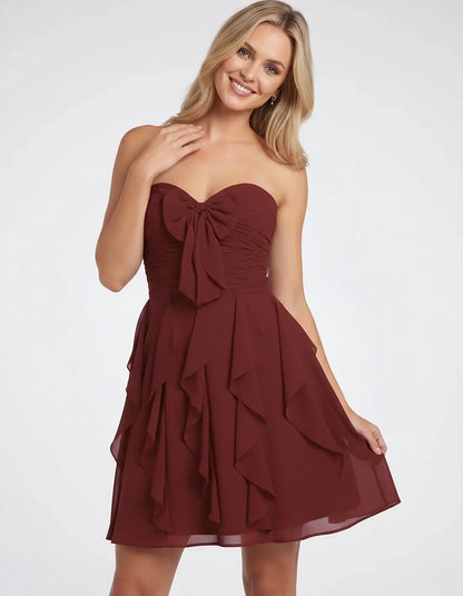 Polyester Chiffon Sleeveless Strapless A-Line Mini Dress with Bow and Ruffles for Party, Cocktail, Evening, Summer & Wedding | SKU: CMD-583724918462715-WINE-L,CMD-583724918462715-WINE-M,CMD-583724918462715-WINE-S,CMD-583724918462715-WINE-XL,CMD-583724918462715-WINE-XS