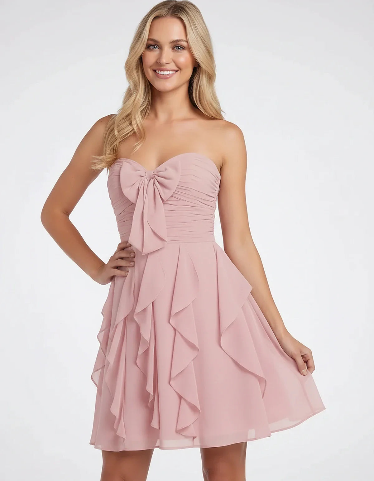 Polyester Chiffon Sleeveless Strapless A-Line Mini Dress with Bow and Ruffles for Party, Cocktail, Evening, Summer & Wedding | SKU: CMD-583724918462715-PINK-L,CMD-583724918462715-PINK-M,CMD-583724918462715-PINK-S,CMD-583724918462715-PINK-XL,CMD-583724918462715-PINK-XS