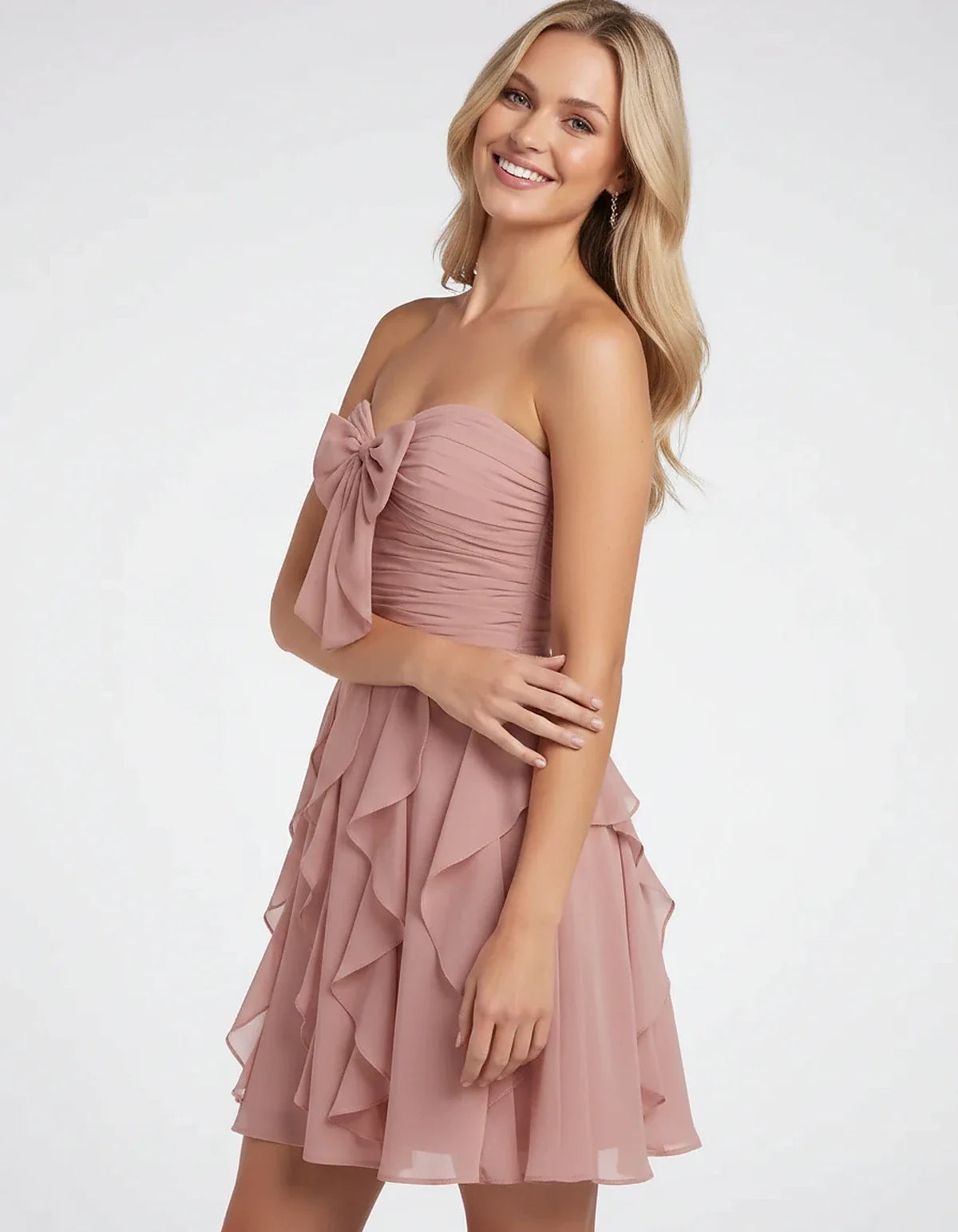Polyester Chiffon Sleeveless Strapless A-Line Mini Dress with Bow and Ruffles for Party, Cocktail, Evening, Summer & Wedding | SKU: CMD-583724918462715-DUSTYPINK-L,CMD-583724918462715-DUSTYPINK-M,CMD-583724918462715-DUSTYPINK-S,CMD-583724918462715-DUSTYPINK-XL,CMD-583724918462715-DUSTYPINK-XS
