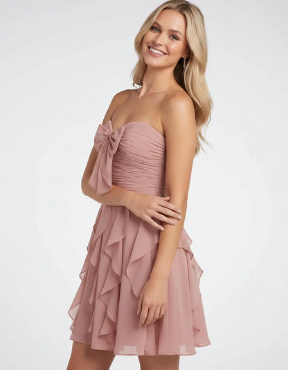 Polyester Chiffon Sleeveless Strapless A-Line Mini Dress with Bow and Ruffles for Party, Cocktail, Evening, Summer & Wedding | SKU: CMD-583724918462715-DUSTYPINK-L,CMD-583724918462715-DUSTYPINK-M,CMD-583724918462715-DUSTYPINK-S,CMD-583724918462715-DUSTYPINK-XL,CMD-583724918462715-DUSTYPINK-XS