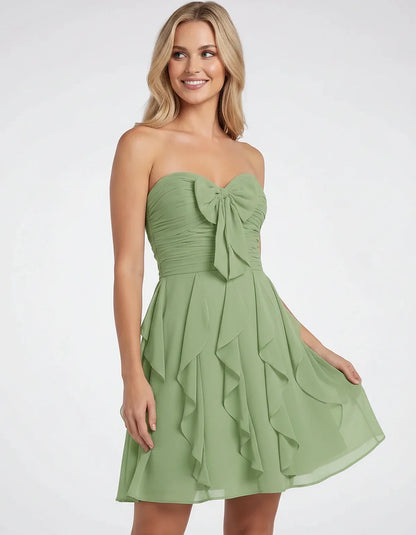 Polyester Chiffon Sleeveless Strapless A-Line Mini Dress with Bow and Ruffles for Party, Cocktail, Evening, Summer & Wedding | SKU: CMD-583724918462715-SAGE-L,CMD-583724918462715-SAGE-M,CMD-583724918462715-SAGE-S,CMD-583724918462715-SAGE-XL,CMD-583724918462715-SAGE-XS