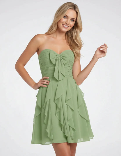Polyester Chiffon Sleeveless Strapless A-Line Mini Dress with Bow and Ruffles for Party, Cocktail, Evening, Summer & Wedding | SKU: CMD-583724918462715-SAGE-L,CMD-583724918462715-SAGE-M,CMD-583724918462715-SAGE-S,CMD-583724918462715-SAGE-XL,CMD-583724918462715-SAGE-XS