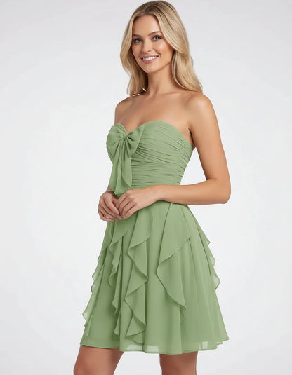 Polyester Chiffon Sleeveless Strapless A-Line Mini Dress with Bow and Ruffles for Party, Cocktail, Evening, Summer & Wedding | SKU: CMD-583724918462715-SAGE-L,CMD-583724918462715-SAGE-M,CMD-583724918462715-SAGE-S,CMD-583724918462715-SAGE-XL,CMD-583724918462715-SAGE-XS