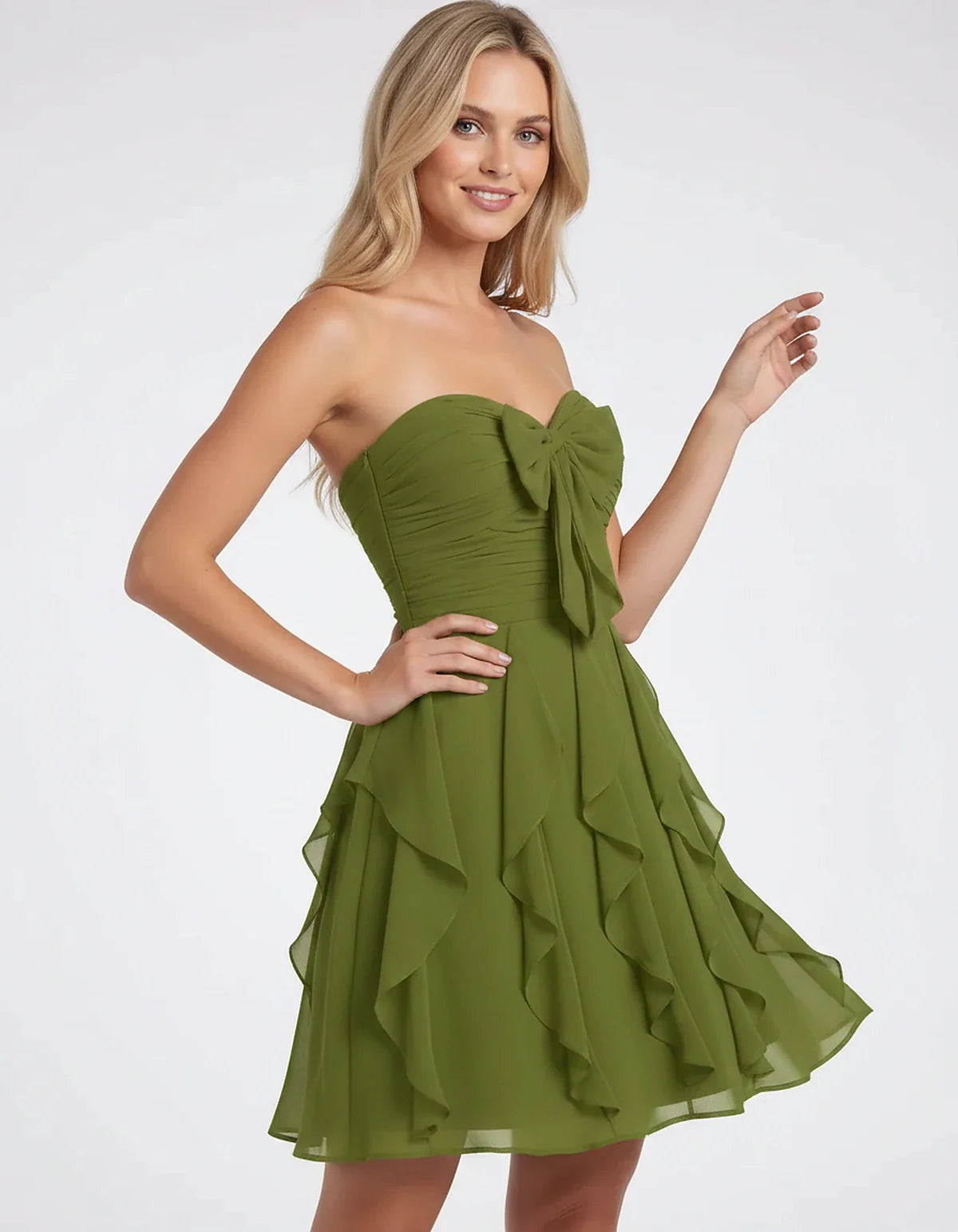 Polyester Chiffon Sleeveless Strapless A-Line Mini Dress with Bow and Ruffles for Party, Cocktail, Evening, Summer & Wedding | SKU: CMD-583724918462715-OLIVE-L,CMD-583724918462715-OLIVE-M,CMD-583724918462715-OLIVE-S,CMD-583724918462715-OLIVE-XL,CMD-583724918462715-OLIVE-XS