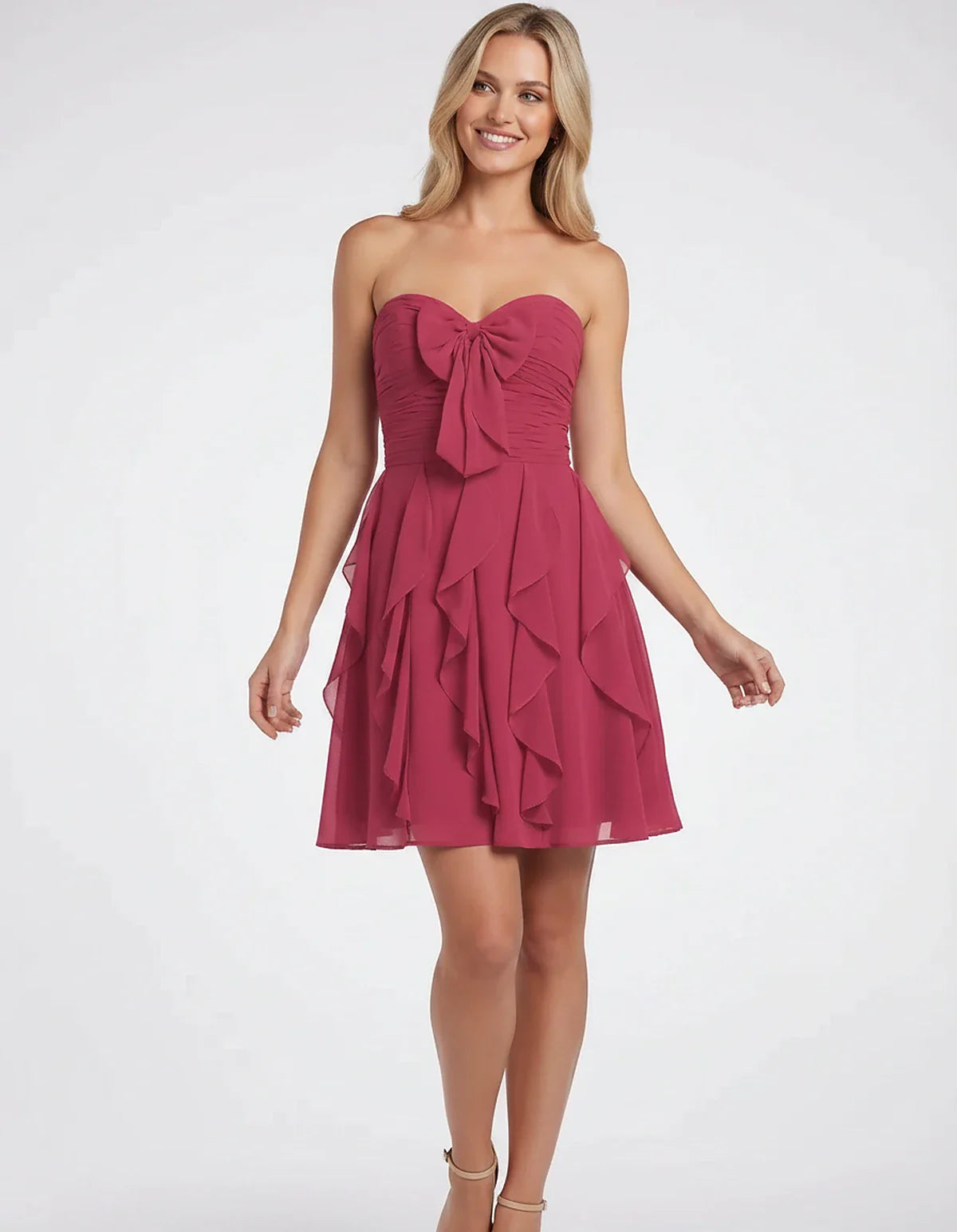 Polyester Chiffon Sleeveless Strapless A-Line Mini Dress with Bow and Ruffles for Party, Cocktail, Evening, Summer & Wedding | SKU: CMD-583724918462715-HOTPINK-L,CMD-583724918462715-HOTPINK-M,CMD-583724918462715-HOTPINK-S,CMD-583724918462715-HOTPINK-XL,CMD-583724918462715-HOTPINK-XS