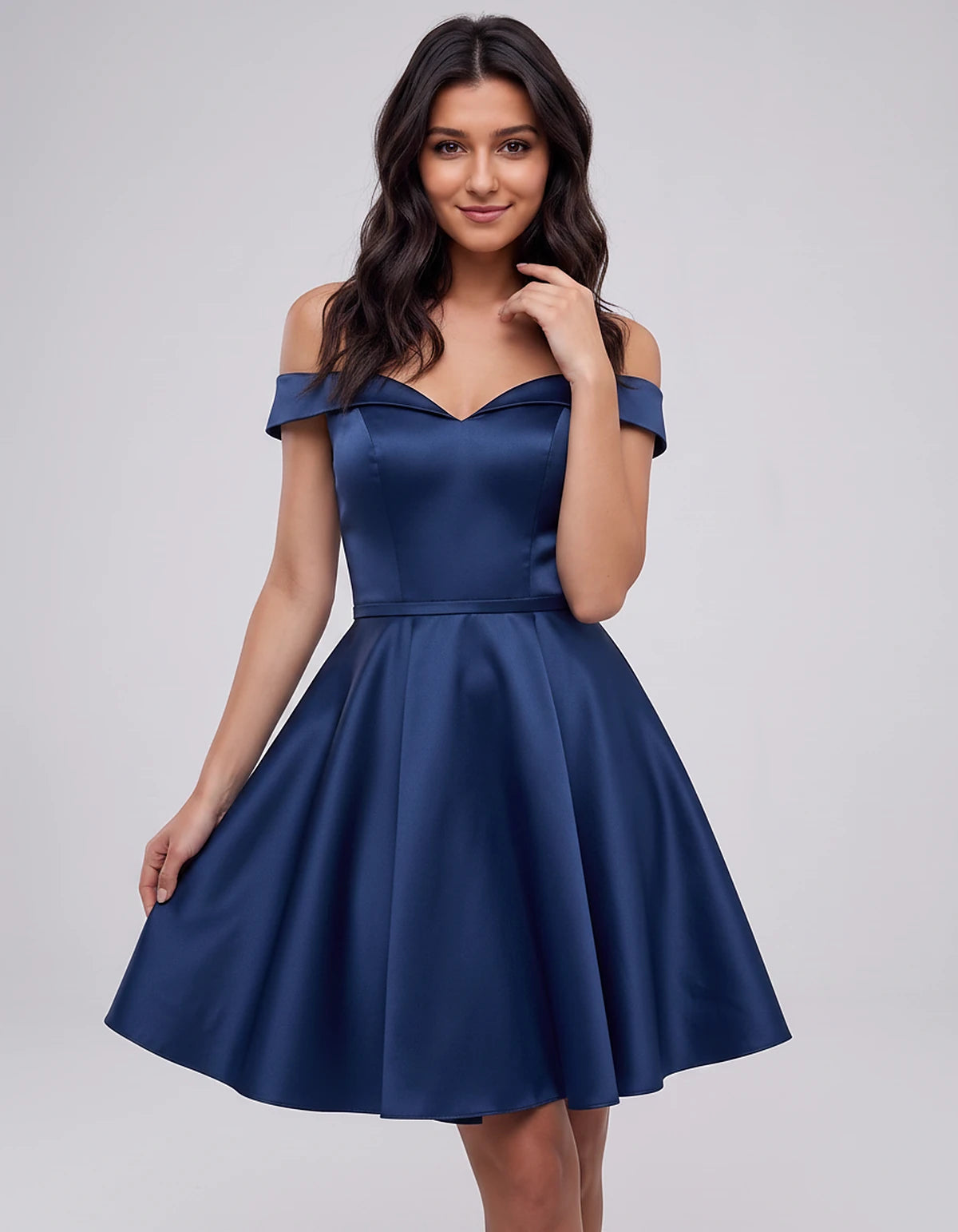 Polyester Satin Off-the-Shoulder V-Neck A-Line Mini Dress for Party, Cocktail, Evening, Wedding Guest, Summer Events | Rambli
