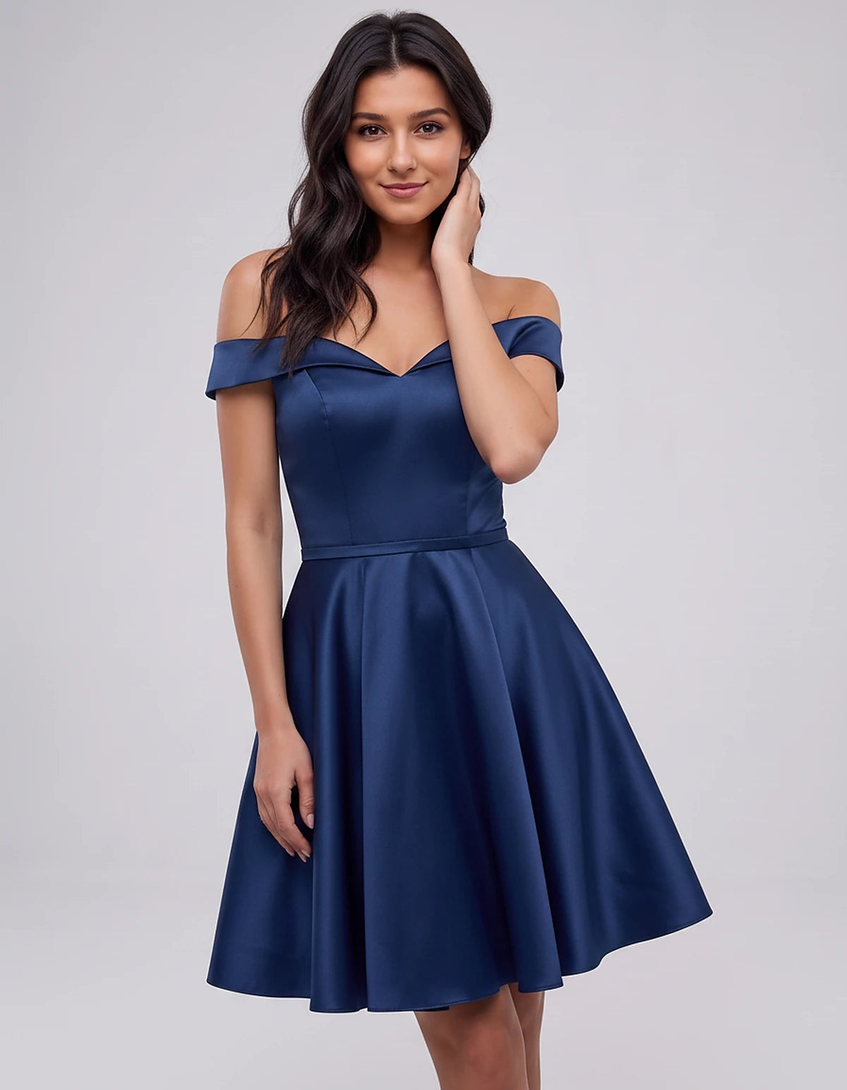 Polyester Satin Off-the-Shoulder V-Neck A-Line Mini Dress for Party, Cocktail, Evening, Wedding Guest, Summer Events | Rambli