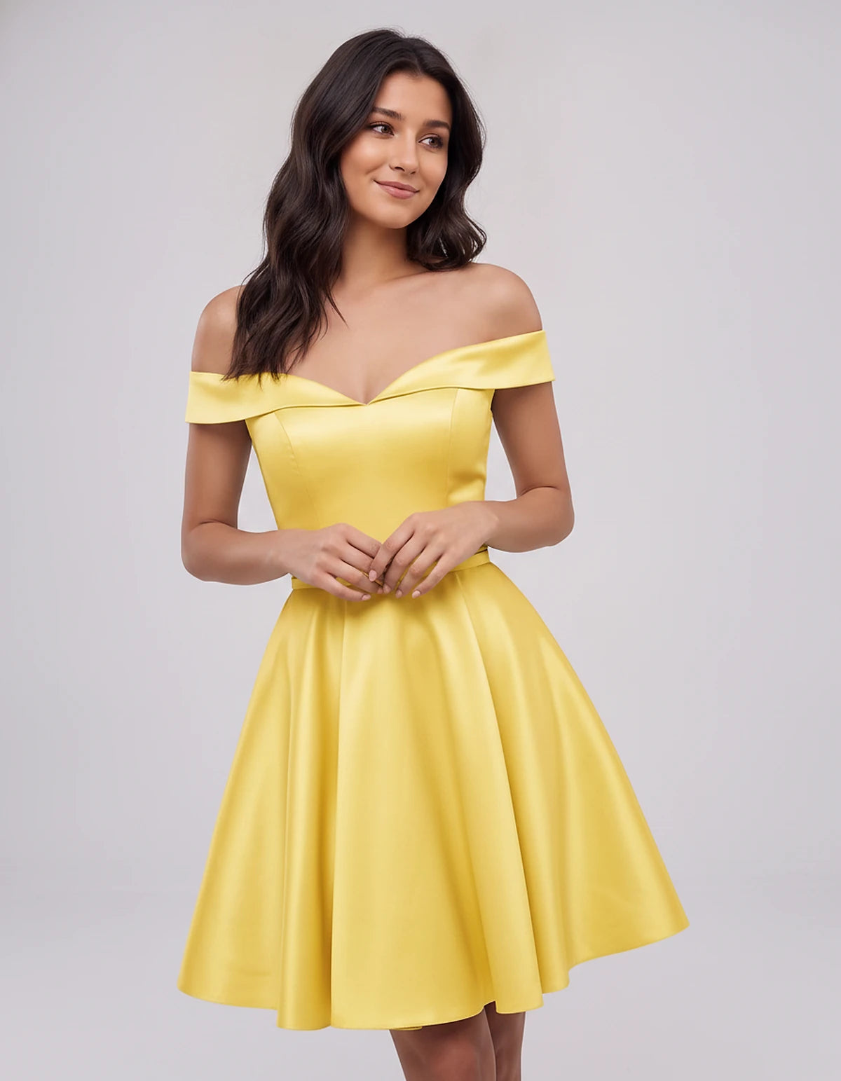 Polyester Satin Off-the-Shoulder V-Neck A-Line Mini Dress for Party, Cocktail, Evening, Wedding Guest, Summer Events | Rambli