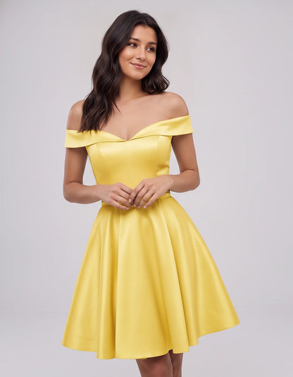 Polyester Satin Off-the-Shoulder V-Neck A-Line Mini Dress for Party, Cocktail, Evening, Wedding Guest, Summer Events | Rambli