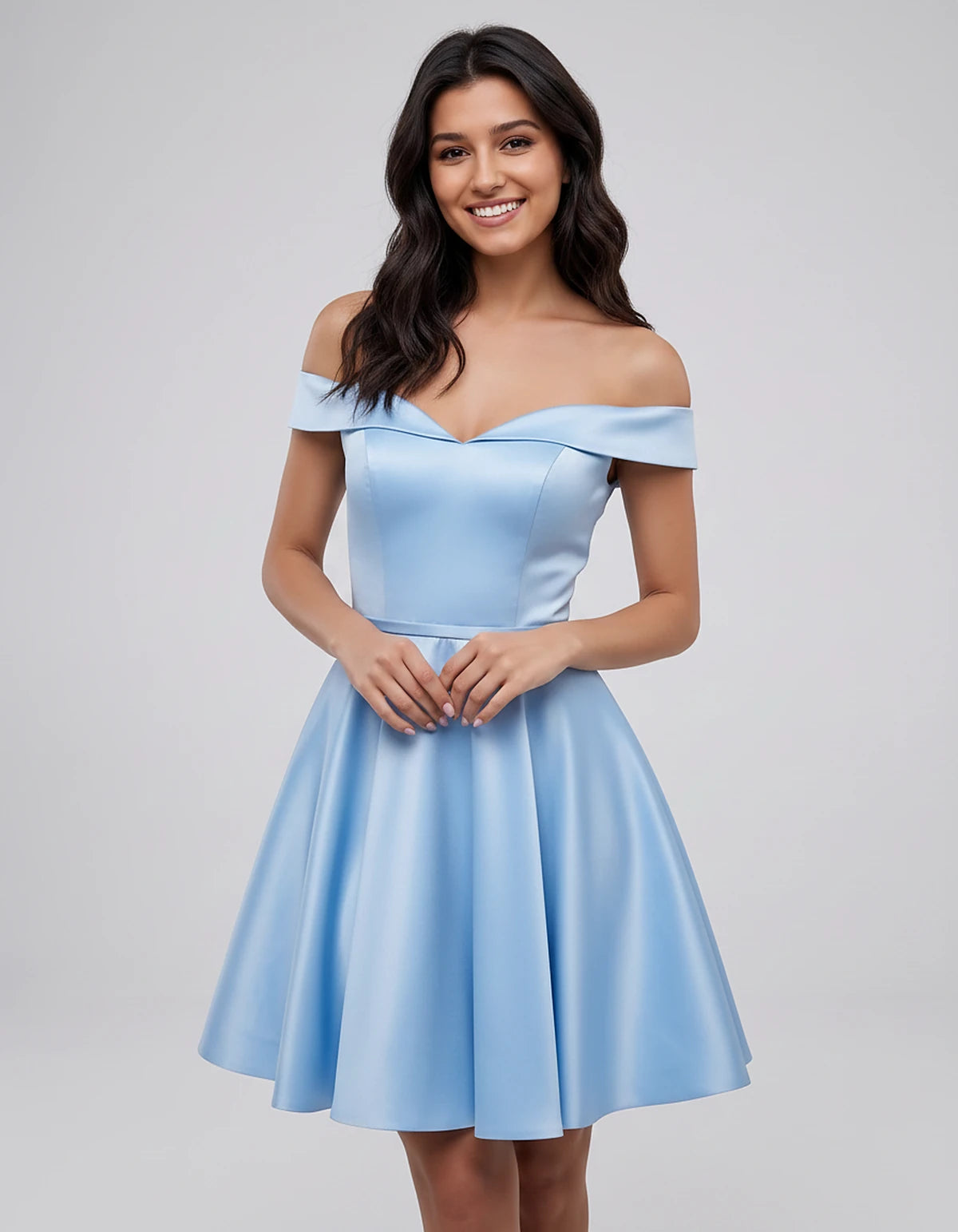 Polyester Satin Off-the-Shoulder V-Neck A-Line Mini Dress for Party, Cocktail, Evening, Wedding Guest, Summer Events | Rambli
