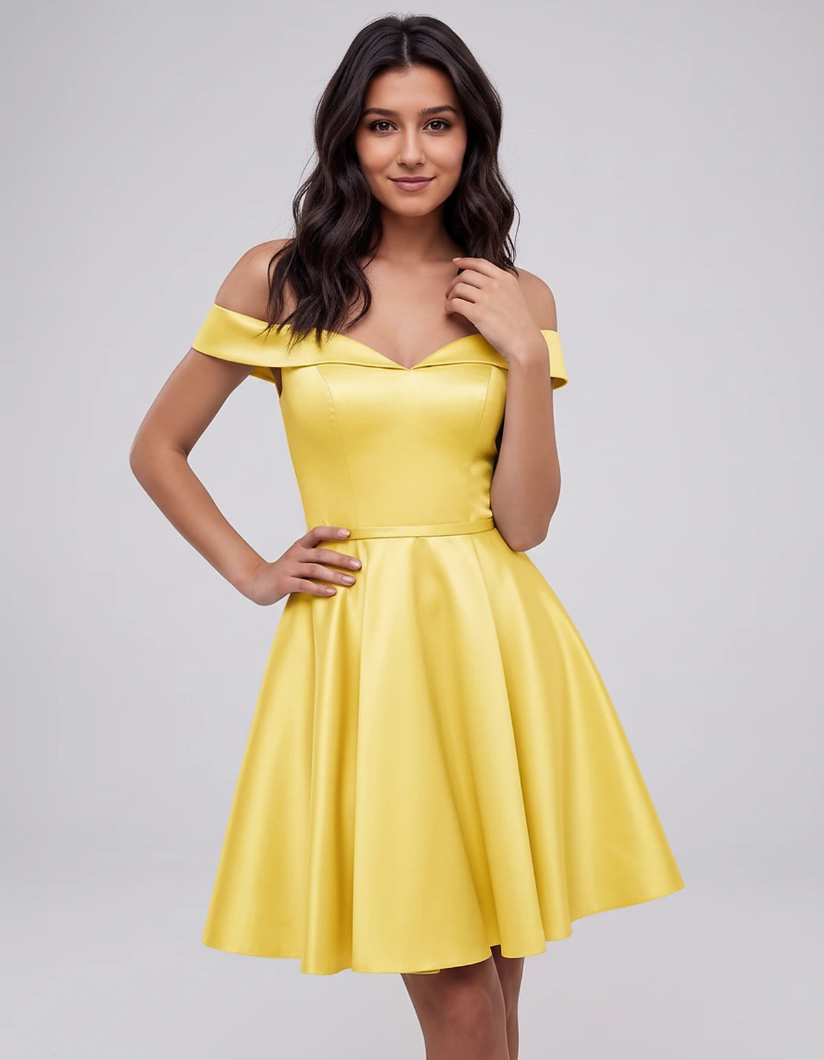 Polyester Satin Off-the-Shoulder V-Neck A-Line Mini Dress for Party, Cocktail, Evening, Wedding Guest, Summer Events | Rambli
