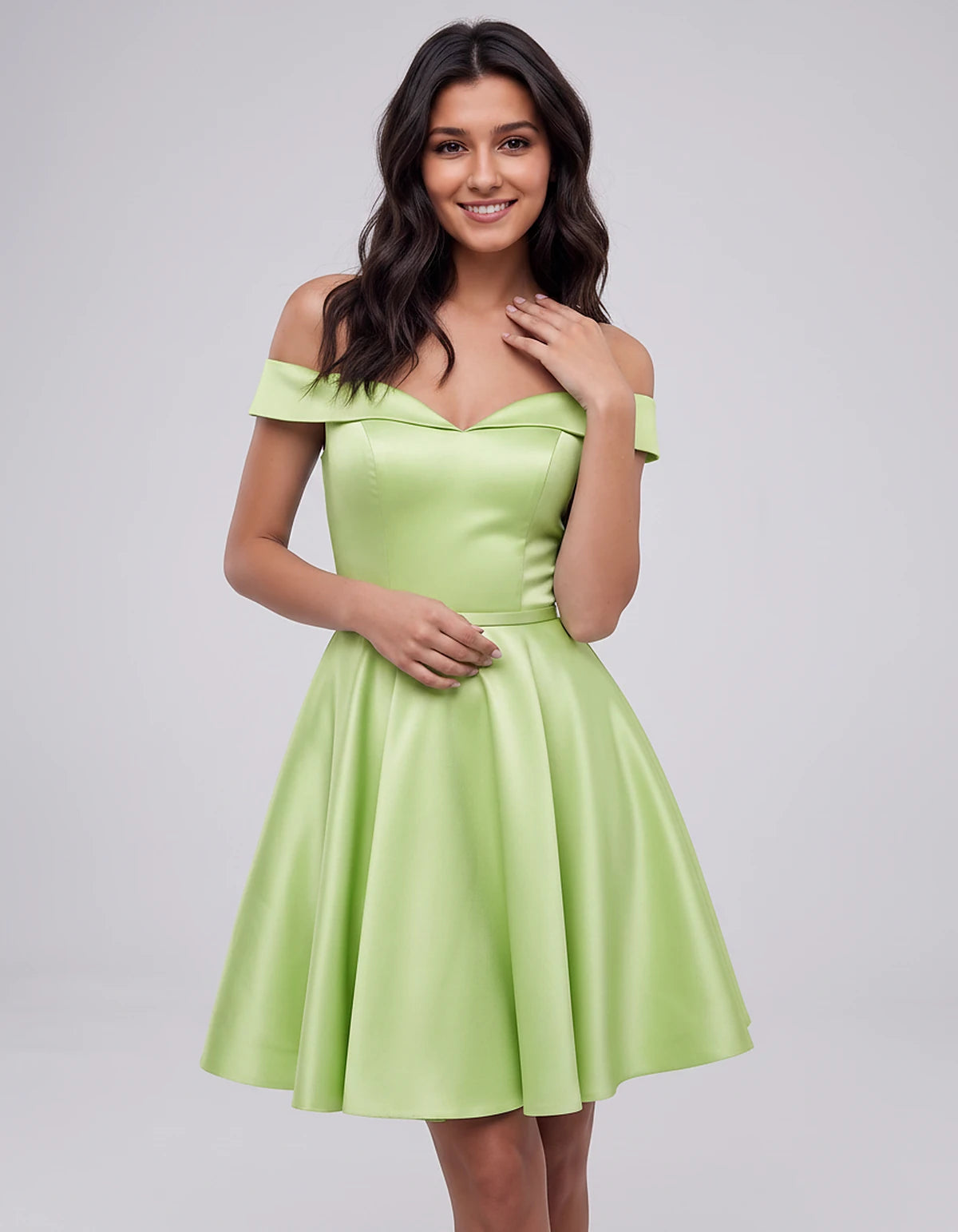 Polyester Satin Off-the-Shoulder V-Neck A-Line Mini Dress for Party, Cocktail, Evening, Wedding Guest, Summer Events | Rambli