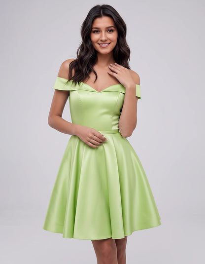 Polyester Satin Off-the-Shoulder V-Neck A-Line Mini Dress for Party, Cocktail, Evening, Wedding Guest, Summer Events | Rambli