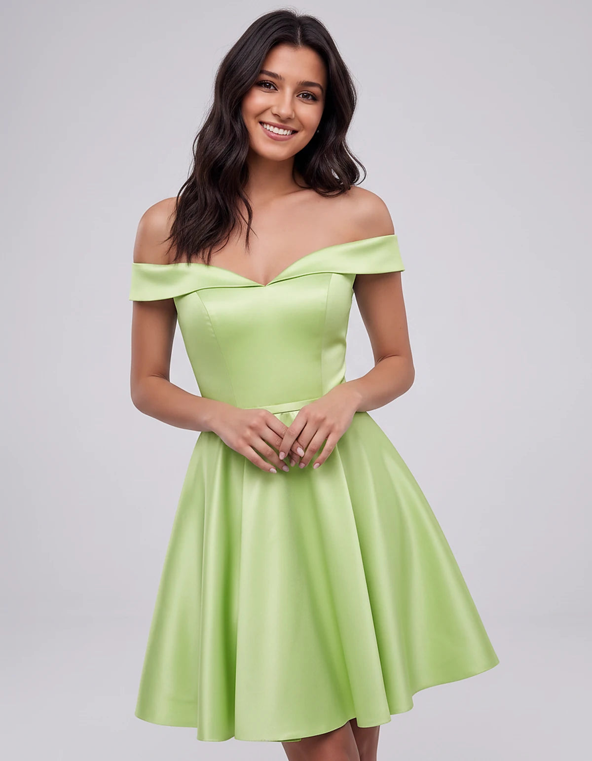 Polyester Satin Off-the-Shoulder V-Neck A-Line Mini Dress for Party, Cocktail, Evening, Wedding Guest, Summer Events | Rambli