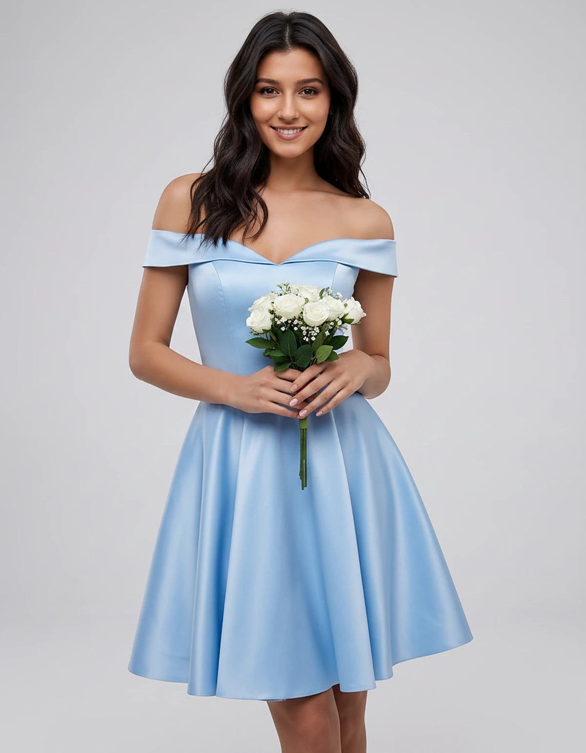 Polyester Satin Off-the-Shoulder V-Neck A-Line Mini Dress for Party, Cocktail, Evening, Wedding Guest, Summer Events | Rambli