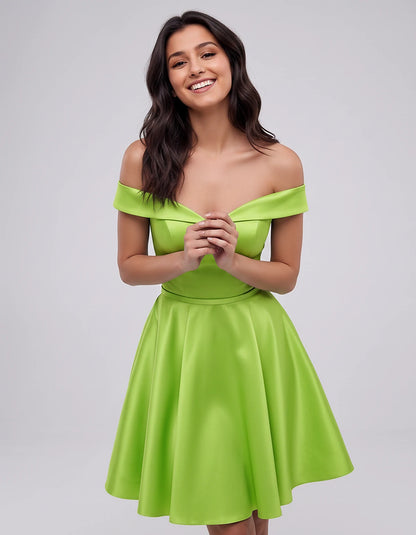 Polyester Satin Off-the-Shoulder V-Neck A-Line Mini Dress for Party, Cocktail, Evening, Wedding Guest, Summer Events | Rambli