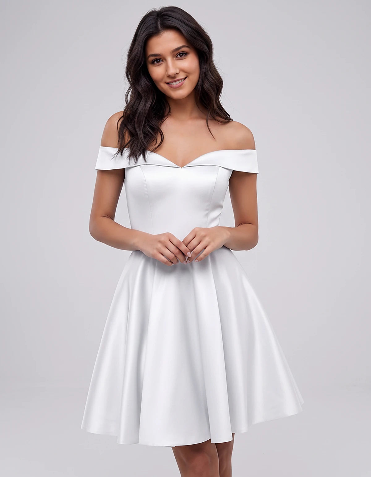 Polyester Satin Off-the-Shoulder V-Neck A-Line Mini Dress for Party, Cocktail, Evening, Wedding Guest, Summer Events | Rambli