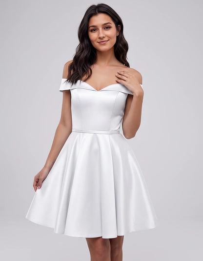 Polyester Satin Off-the-Shoulder V-Neck A-Line Mini Dress for Party, Cocktail, Evening, Wedding Guest, Summer Events | Rambli