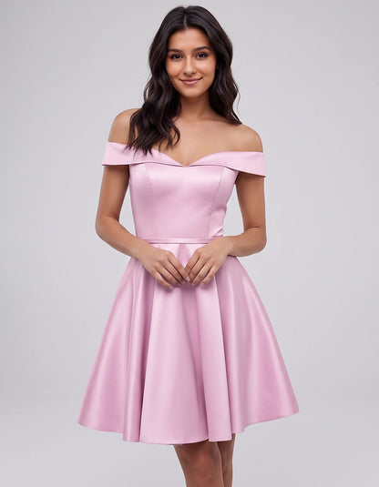 Polyester Satin Off-the-Shoulder V-Neck A-Line Mini Dress for Party, Cocktail, Evening, Wedding Guest, Summer Events | Rambli